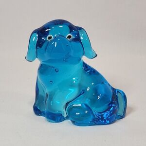 Vintage Blue Art Glass Dog Figurine Hand Blown Puppy Paperweight 3.5 Inch